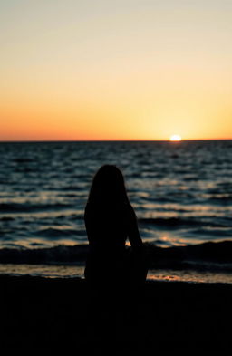 A silhouette of a woman sitting alone on a beach during sunset