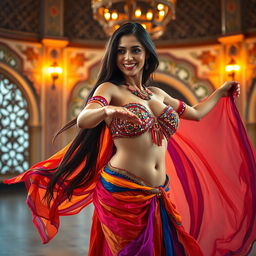 A captivating scene of a woman performing a mesmerizing belly dance, adorned in a vibrant, flowing costume with shimmering sequins that catch the light
