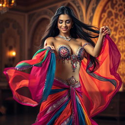 A captivating scene of a woman performing a mesmerizing belly dance, adorned in a vibrant, flowing costume with shimmering sequins that catch the light