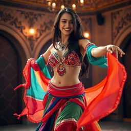 A captivating scene of a woman performing a mesmerizing belly dance, adorned in a vibrant, flowing costume with shimmering sequins that catch the light