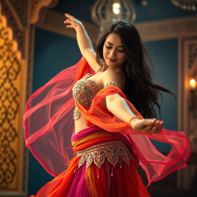 A captivating scene of a woman performing a mesmerizing belly dance, adorned in a vibrant, flowing costume with shimmering sequins that catch the light