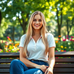 A stunning girl in her 20s sitting on a park bench, showcasing her beauty with long blonde hair and a friendly smile