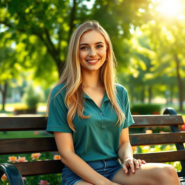 A stunning girl in her 20s sitting on a park bench, showcasing her beauty with long blonde hair and a friendly smile