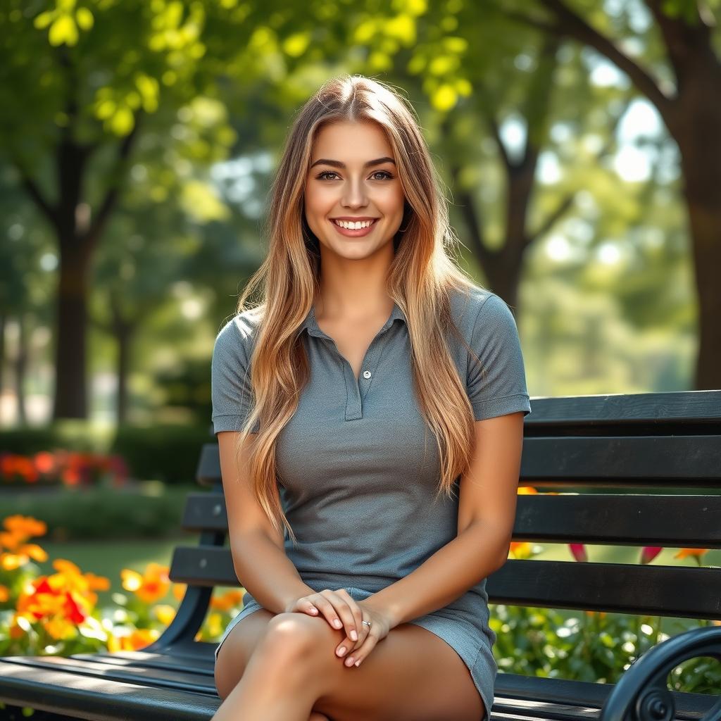 A stunning girl in her 20s sitting on a park bench, showcasing her beauty with long blonde hair and a friendly smile