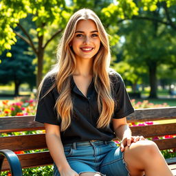 A stunning girl in her 20s sitting on a park bench, showcasing her beauty with long blonde hair and a friendly smile