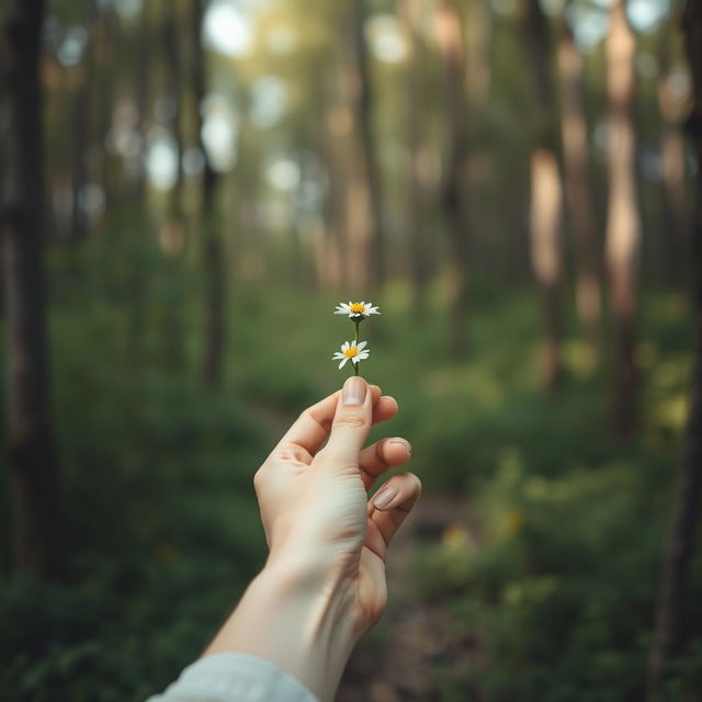 A woman's hand delicately holding a wildflower in the middle of a quiet forest