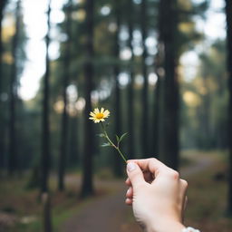 A woman's hand delicately holding a wildflower in the middle of a quiet forest