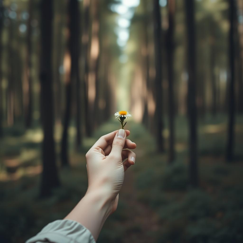 A woman's hand delicately holding a wildflower in the middle of a quiet forest