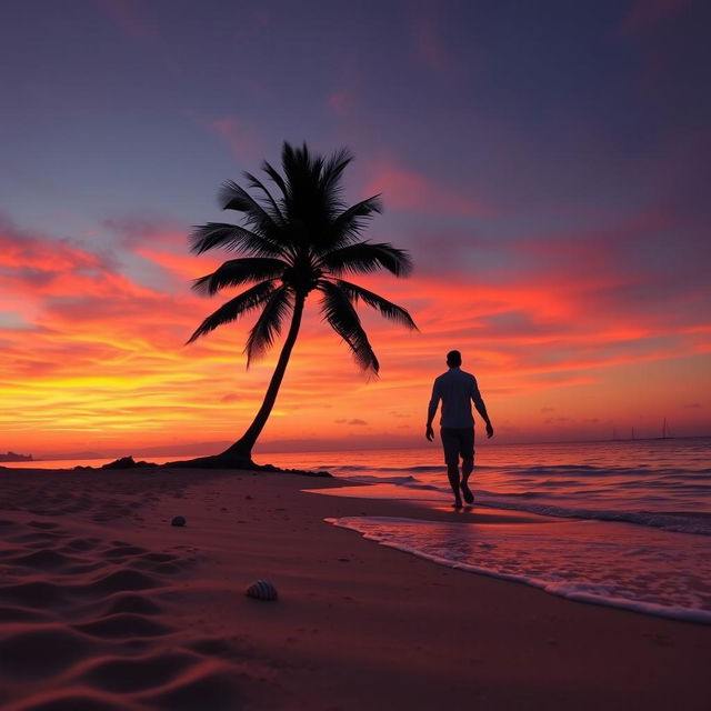 A serene beach scene during sunset, with vibrant orange and pink hues in the sky reflecting off calm waters