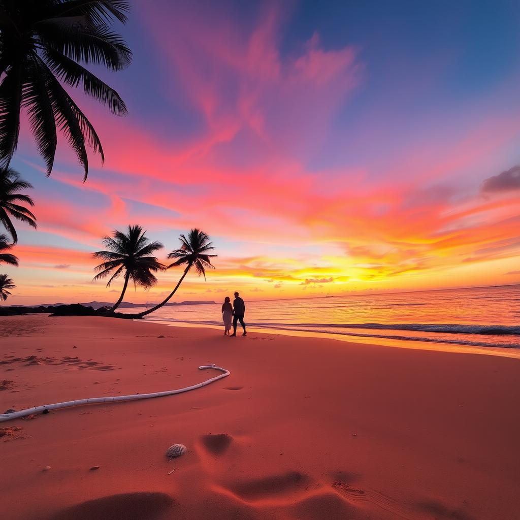 A serene beach scene during sunset, with vibrant orange and pink hues in the sky reflecting off calm waters