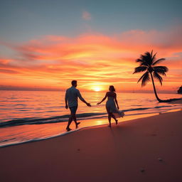 A serene beach scene during sunset, with vibrant orange and pink hues in the sky reflecting off calm waters
