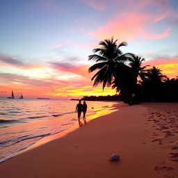 A serene beach scene during sunset, with vibrant orange and pink hues in the sky reflecting off calm waters