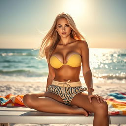 A stunning girl in her 20s sitting on a beach on a bench, showcasing her beauty with long blonde hair flowing in the breeze