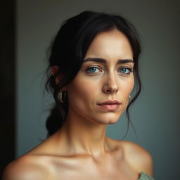 A portrait of a woman with a calm yet slightly melancholic expression