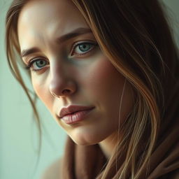 A portrait of a woman with a calm yet slightly melancholic expression