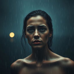 A woman standing in heavy rain, with raindrops soaking her face