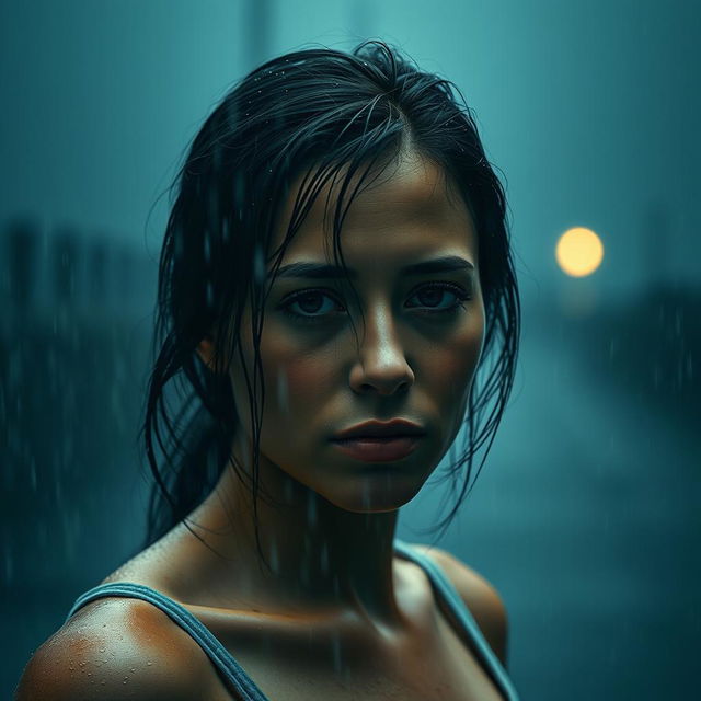 A woman standing in heavy rain, with raindrops soaking her face