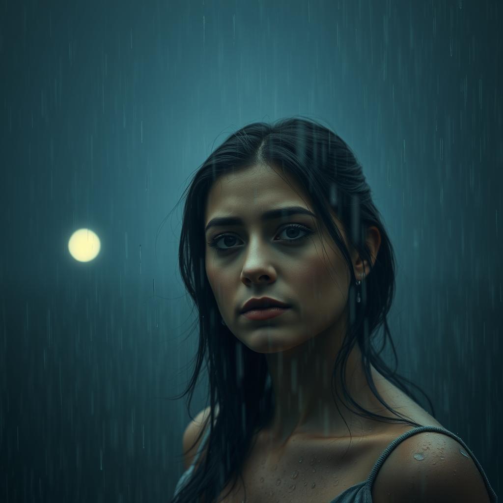 A woman standing in heavy rain, with raindrops soaking her face