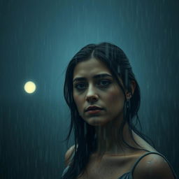 A woman standing in heavy rain, with raindrops soaking her face