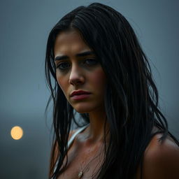 A woman standing in heavy rain, with raindrops soaking her face