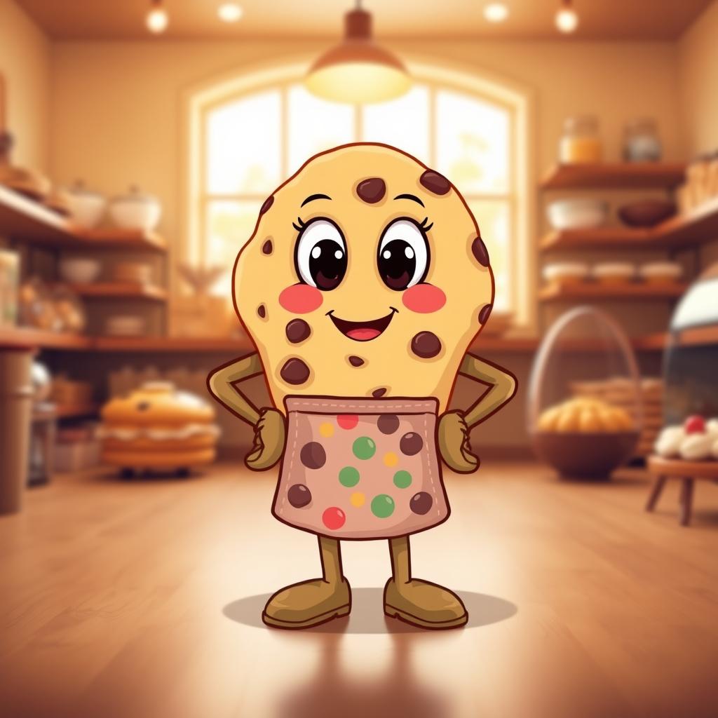 A cute and whimsical cookie character brand mascot, designed as a friendly cookie with big cheerful eyes, a wide smile, and a playful personality