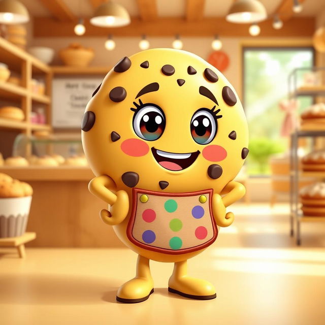 A cute and whimsical cookie character brand mascot, designed as a friendly cookie with big cheerful eyes, a wide smile, and a playful personality