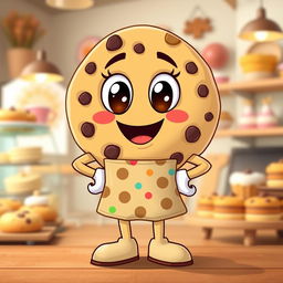 A cute and whimsical cookie character brand mascot, designed as a friendly cookie with big cheerful eyes, a wide smile, and a playful personality