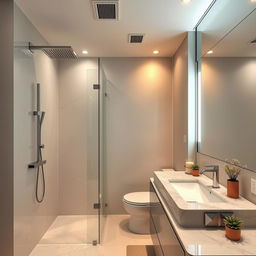 A modern bathroom interior, featuring elegant fixtures, a spacious shower with rain showerhead, stylish bathroom vanity with a marble countertop, ambient lighting creates a warm atmosphere, large mirror reflecting the beauty of the space, subtle decorative elements like potted plants and candles, glossy tiles in a neutral color palette, no toilet or exhaust fan in sight, tranquil and inviting environment