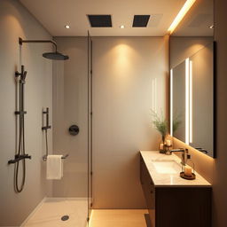 A modern bathroom interior, featuring elegant fixtures, a spacious shower with rain showerhead, stylish bathroom vanity with a marble countertop, ambient lighting creates a warm atmosphere, large mirror reflecting the beauty of the space, subtle decorative elements like potted plants and candles, glossy tiles in a neutral color palette, no toilet or exhaust fan in sight, tranquil and inviting environment