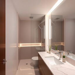 A modern bathroom interior, featuring elegant fixtures, a spacious shower with rain showerhead, stylish bathroom vanity with a marble countertop, ambient lighting creates a warm atmosphere, large mirror reflecting the beauty of the space, subtle decorative elements like potted plants and candles, glossy tiles in a neutral color palette, no toilet or exhaust fan in sight, tranquil and inviting environment