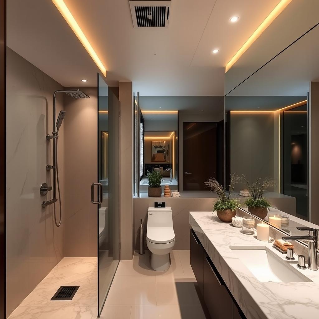 A modern bathroom interior, featuring elegant fixtures, a spacious shower with rain showerhead, stylish bathroom vanity with a marble countertop, ambient lighting creates a warm atmosphere, large mirror reflecting the beauty of the space, subtle decorative elements like potted plants and candles, glossy tiles in a neutral color palette, no toilet or exhaust fan in sight, tranquil and inviting environment