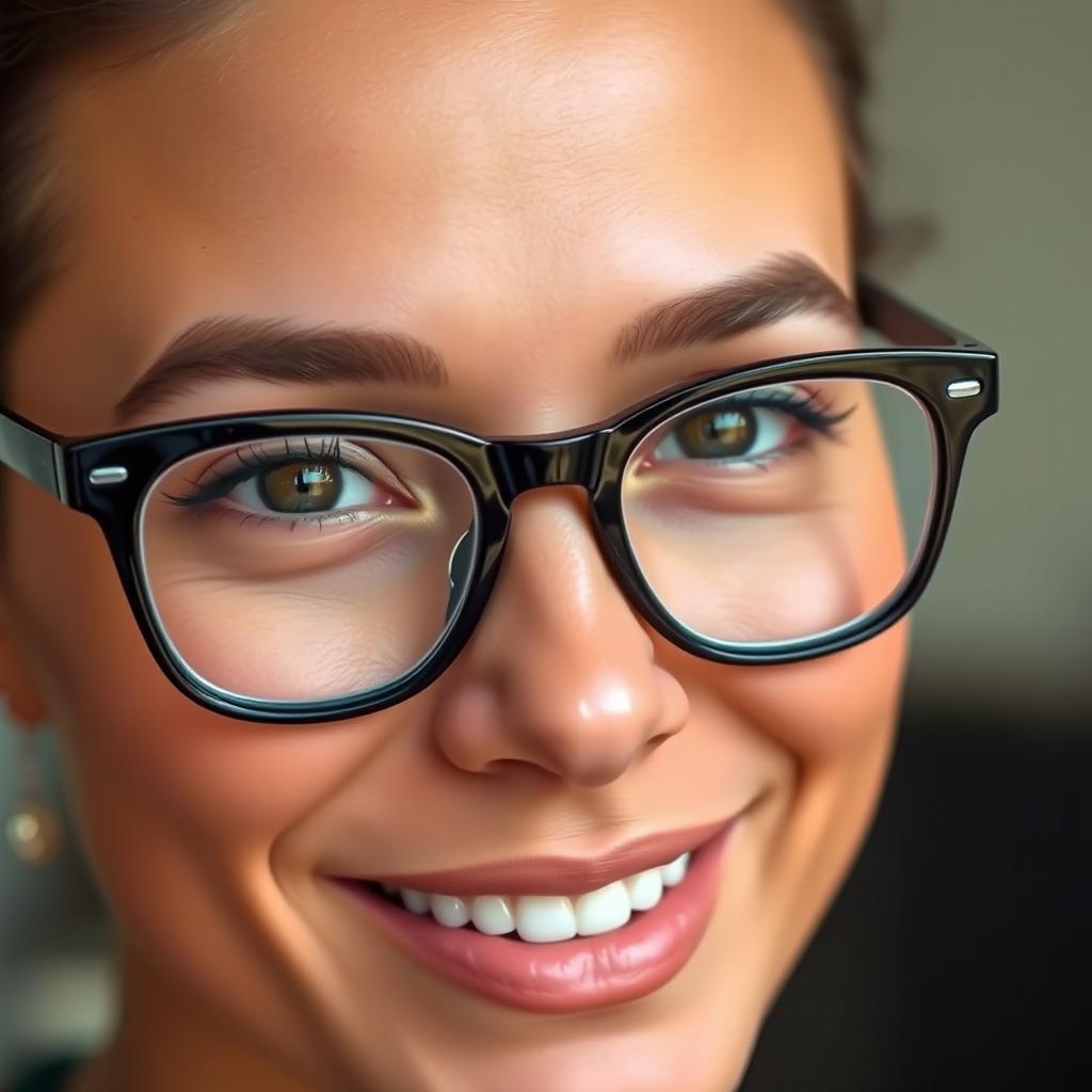 A close-up portrait of a stylish person wearing black spectacle lenses