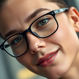 A close-up portrait of a stylish person wearing black spectacle lenses