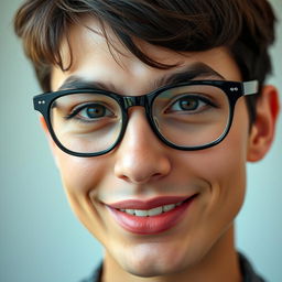 A close-up portrait of a stylish person wearing black spectacle lenses
