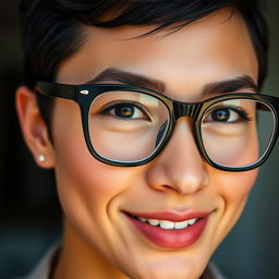 A close-up portrait of a stylish person wearing black spectacle lenses