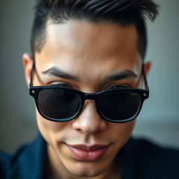 A close-up portrait of a stylish person from the uploaded photo, featuring the spectacle lenses designed in black
