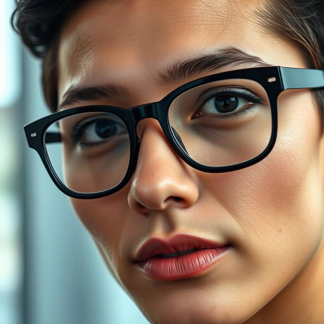 A close-up portrait of a stylish person from the uploaded photo, featuring the spectacle lenses designed in black