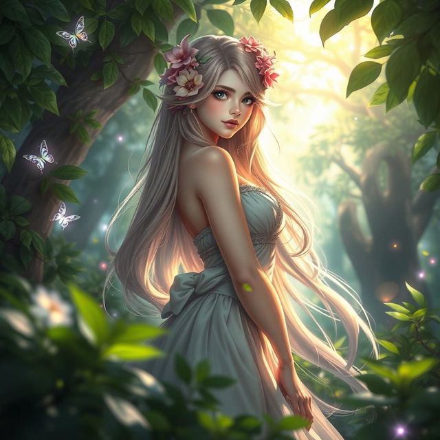 A captivating fantasy scene featuring a beautiful young woman in a lush, enchanted forest