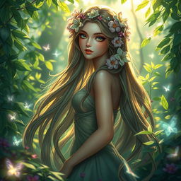 A captivating fantasy scene featuring a beautiful young woman in a lush, enchanted forest