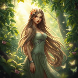 A captivating fantasy scene featuring a beautiful young woman in a lush, enchanted forest