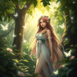 A captivating fantasy scene featuring a beautiful young woman in a lush, enchanted forest