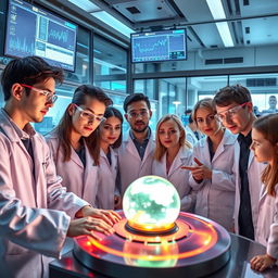 A group of curious scientists examining a glowing, strange artifact in a modern laboratory filled with advanced technology