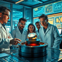 A group of curious scientists examining a glowing, strange artifact in a modern laboratory filled with advanced technology