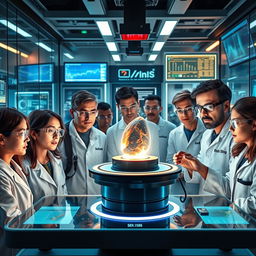 A group of curious scientists examining a glowing, strange artifact in a modern laboratory filled with advanced technology