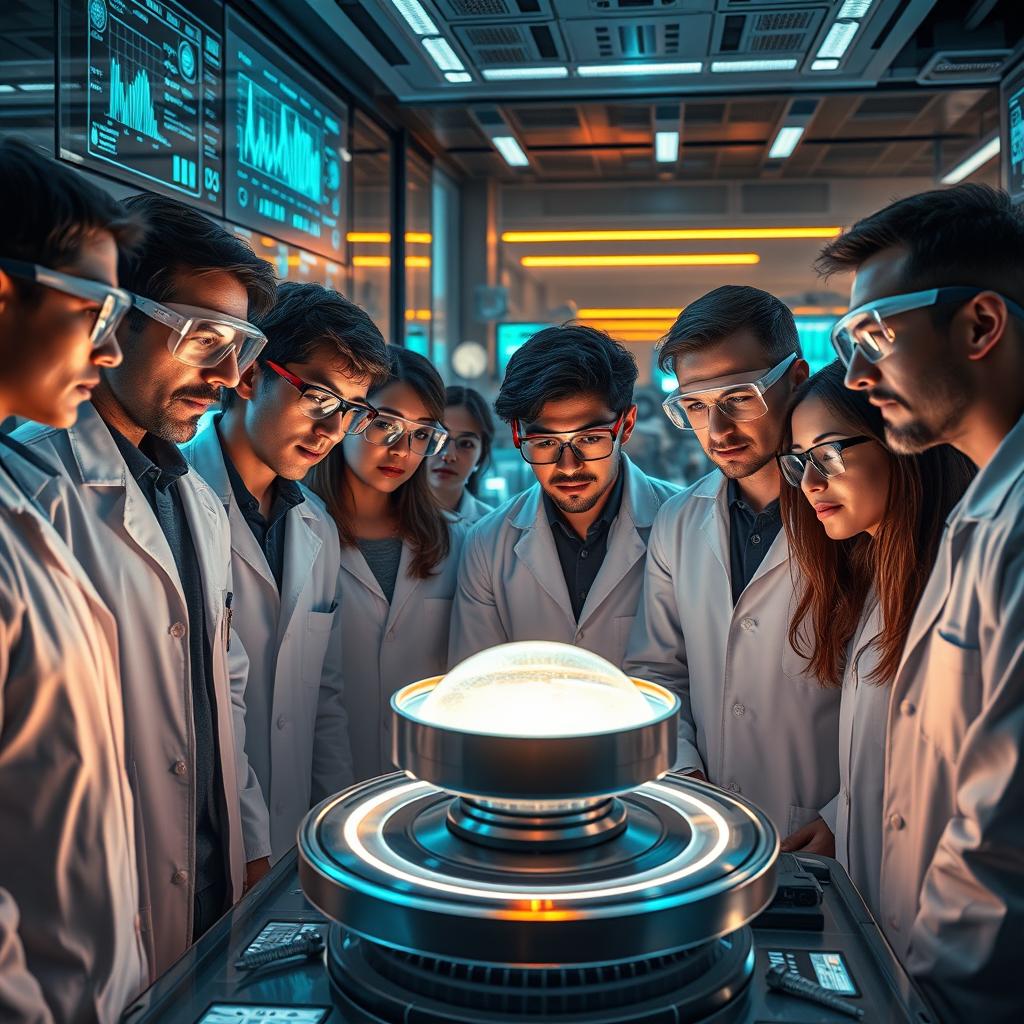 A group of curious scientists examining a glowing, strange artifact in a modern laboratory filled with advanced technology