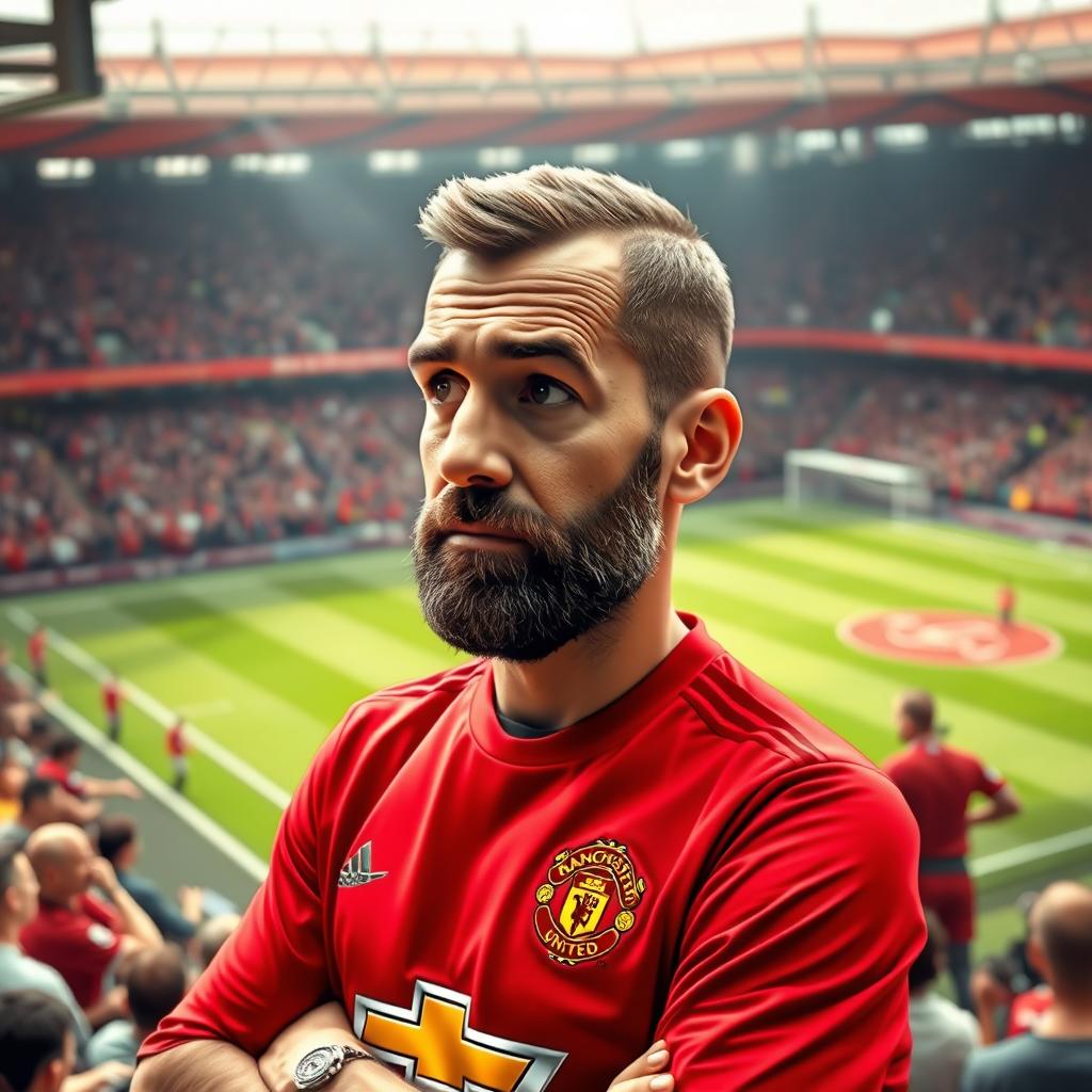 A humorous and imaginative scene featuring Pep Guardiola, the renowned football manager, wearing a Manchester United shirt