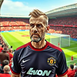 A humorous and imaginative scene featuring Pep Guardiola, the renowned football manager, wearing a Manchester United shirt