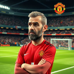 A humorous and imaginative scene featuring Pep Guardiola, the renowned football manager, wearing a Manchester United shirt