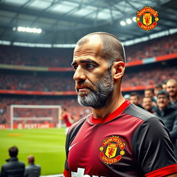 A humorous and imaginative scene featuring Pep Guardiola, the renowned football manager, wearing a Manchester United shirt