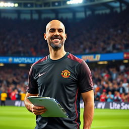 A humorous and creative scene featuring Pep Guardiola, the famous football manager, wearing a Manchester United shirt